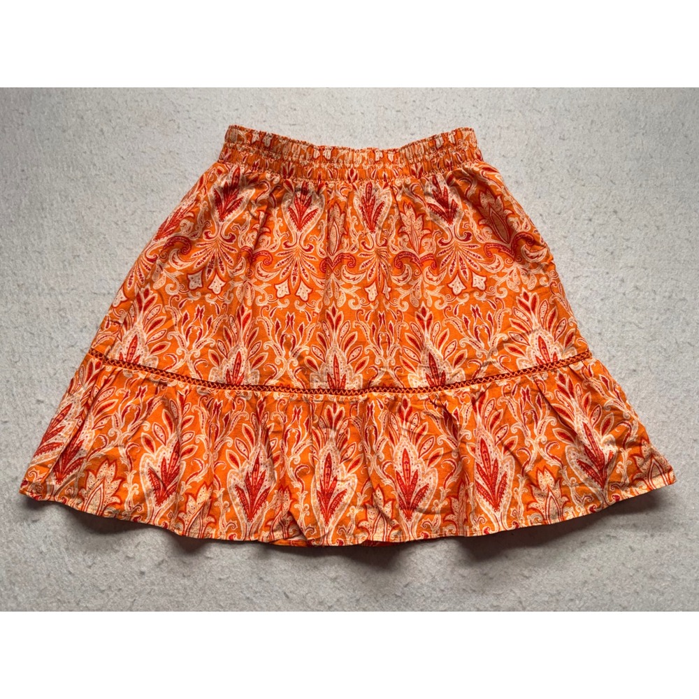 LOFT Petites Orange Paisley Damask Ruffle Mini Skirt XSP Cotton Rayon Blend